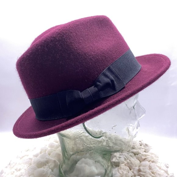 Burgundy Deep Red Wool Fedora with Black Grosgrain Ribbon Band - Picture 10 of 11